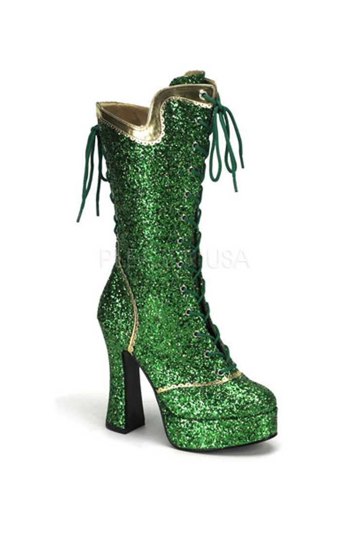 Green Chunky Lace-Up Platform High Heel Boots