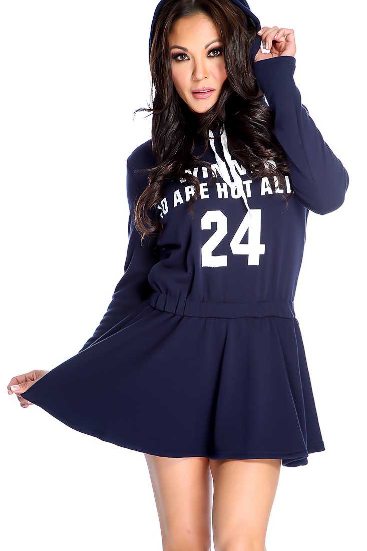 Navy Graphic Design Hooded A-line Sweater Dress