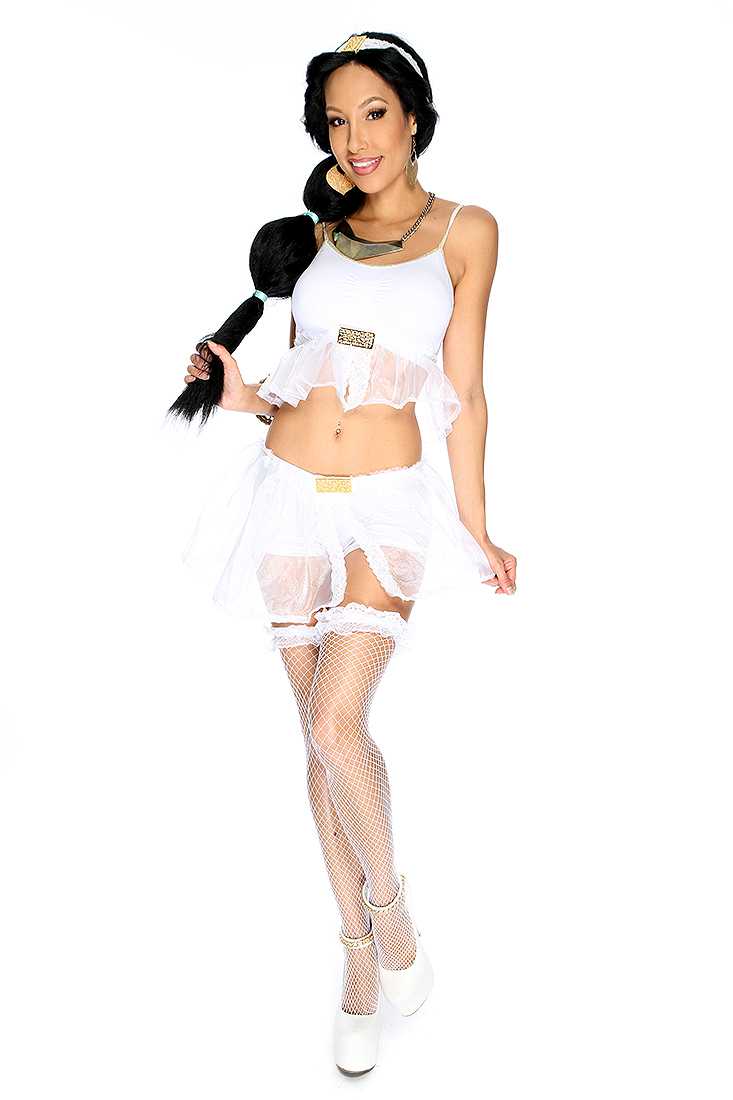 Sexy White Arabic Princess Sheer Trim 3. Piece Costume