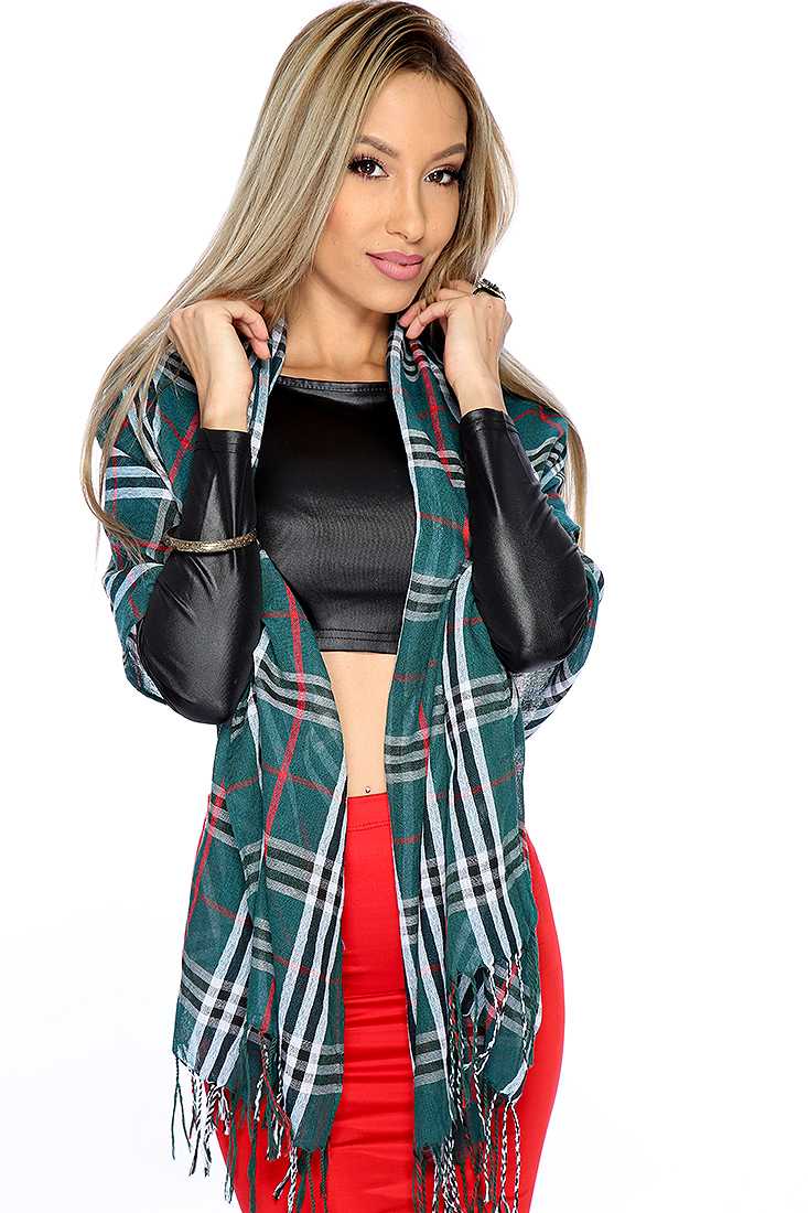 Green Plaid Fringe Accent Lightweight Fabric Scarf