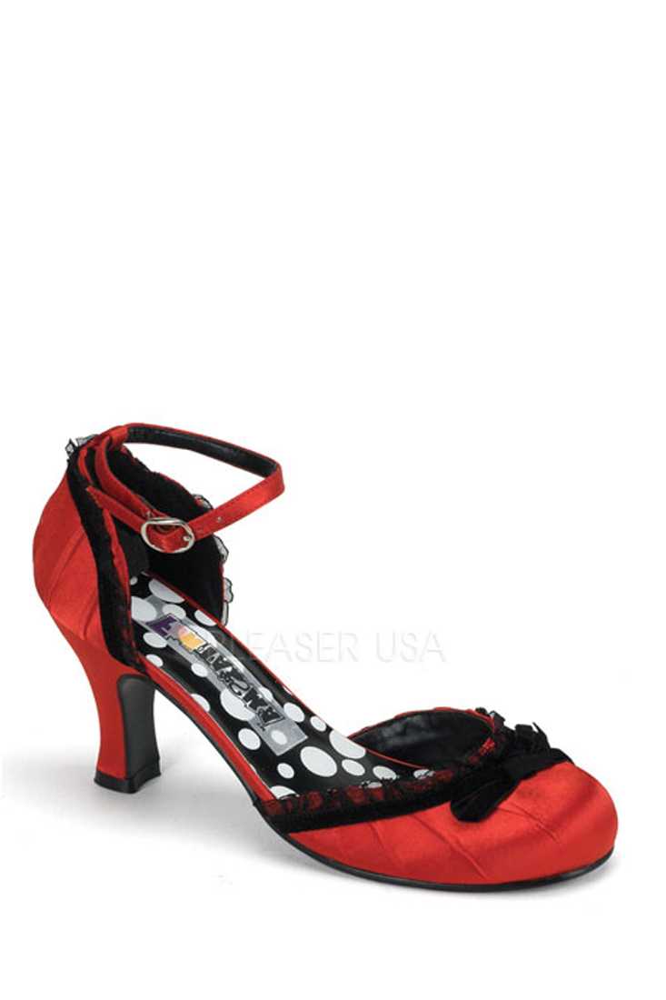 Red Ruffle Trim Ankle Strap High Heels Satin