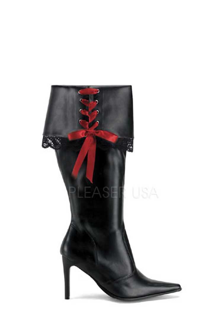 Black Ribbon Lace Cuffed Wide Width Boots Faux Leather
