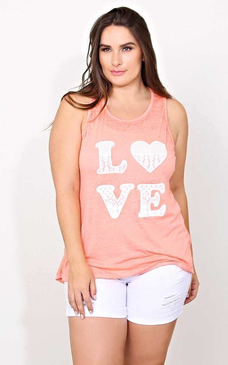 Plus Size LOVE Lace Burnout Graphic Tank - Coral in Size 1X by Styles For Less