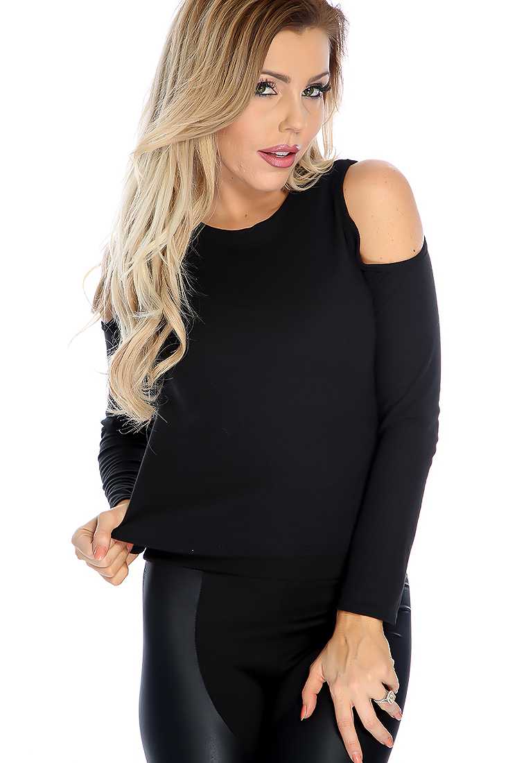 Sexy Black Long Sleeve Shoulder Cutout Crop Top