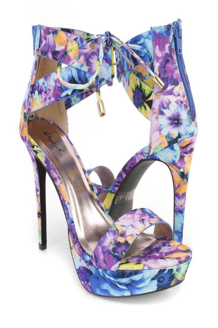 Blue Floral Print Strappy Ankle Platform High Heels Fabric