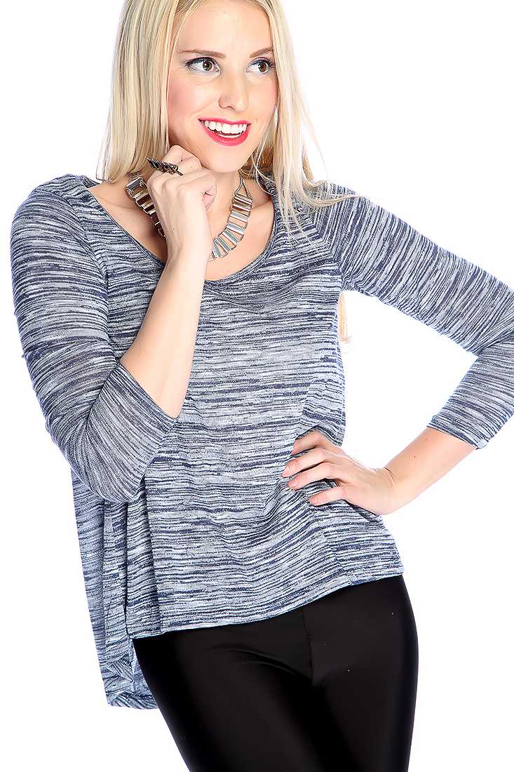 Navy Burn Out Long Sleeve Slit Back Casual Top