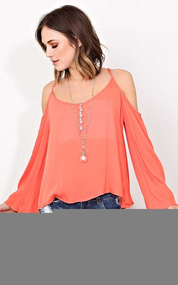 Rising Sun Woven Cold Shoulder Top - LGE - Coral in Size Large by Styles For Less
