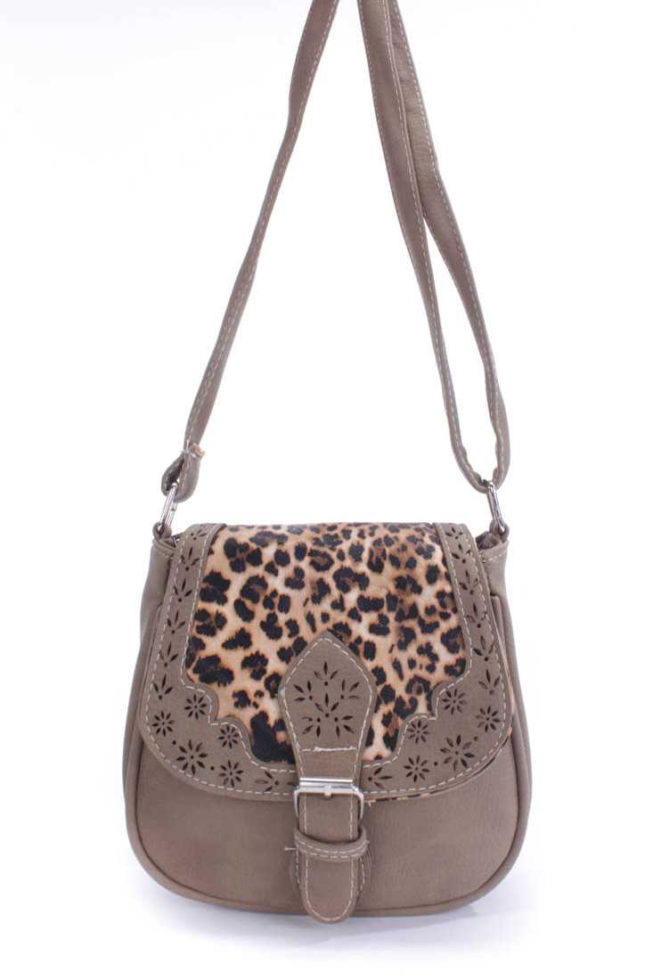 Taupe Leopard Print Faux Leather Saddle Handbag