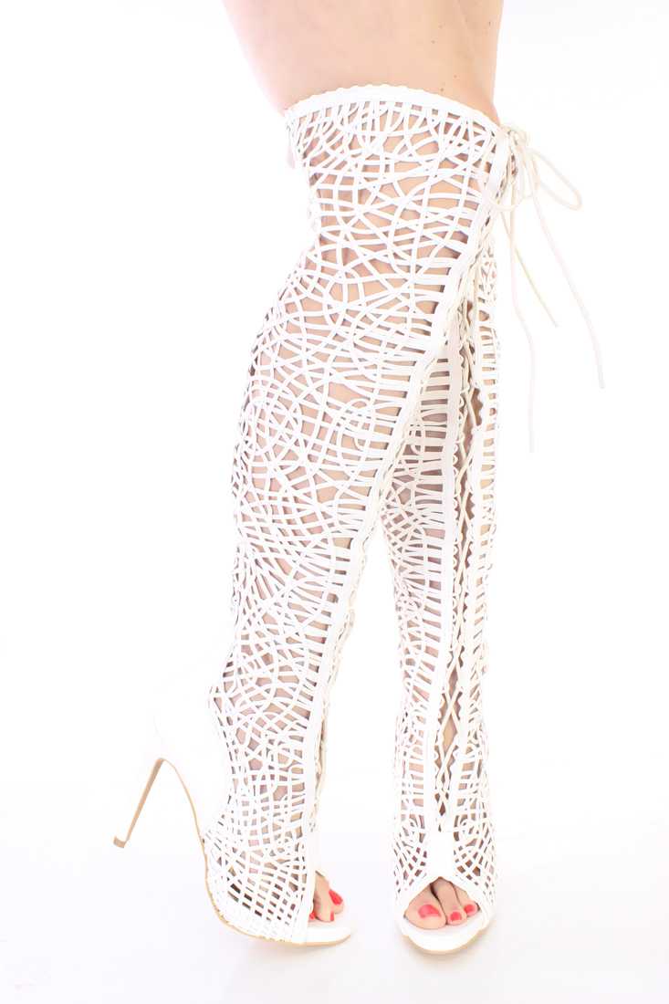 White Lace Up Single Sole Thigh High Boots Faux Leather