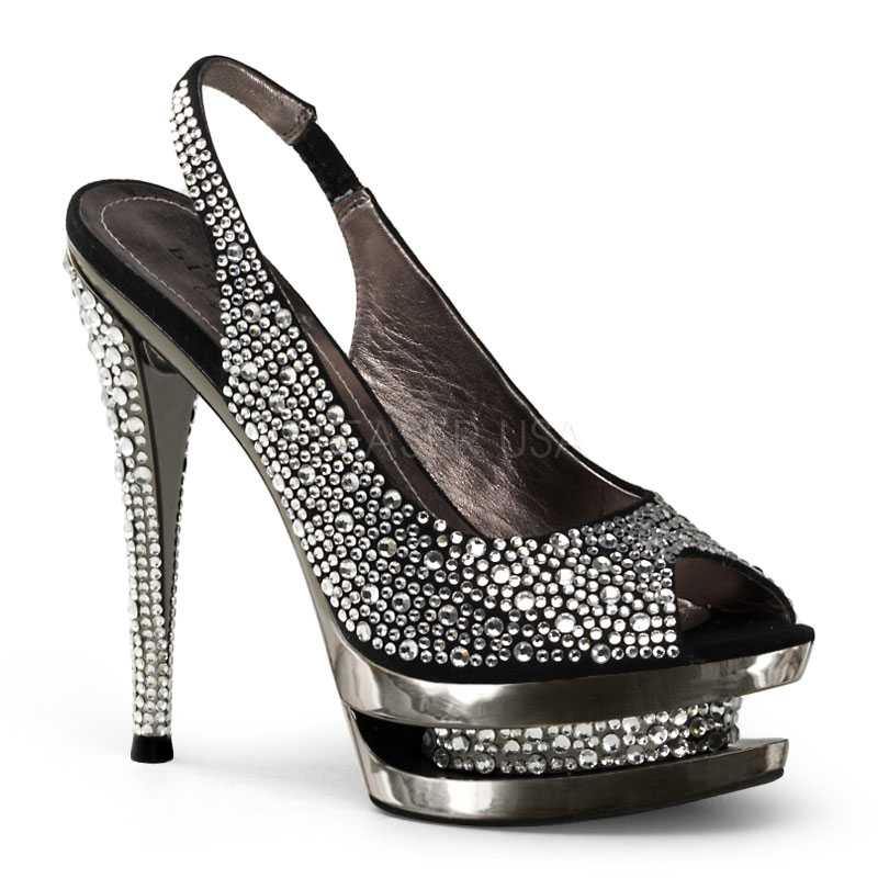 Black Pewter Rhinestone Slingback High Heels Faux Suede