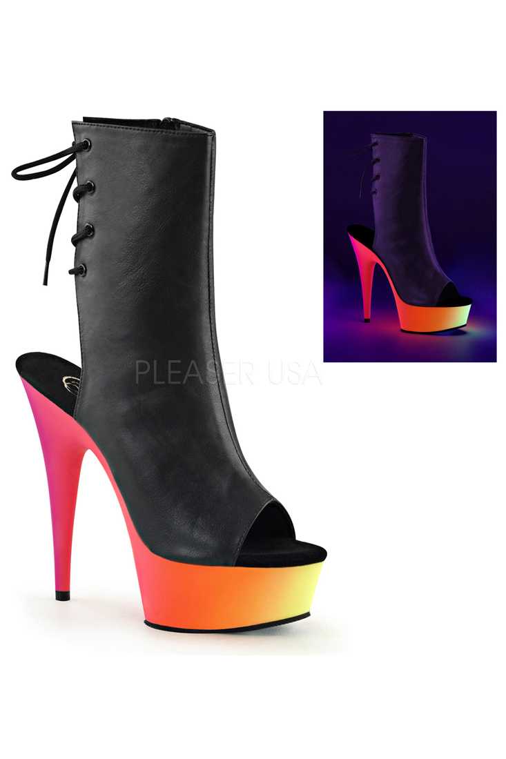 Black Lace Up Neon UV Platform Booties Faux Leather