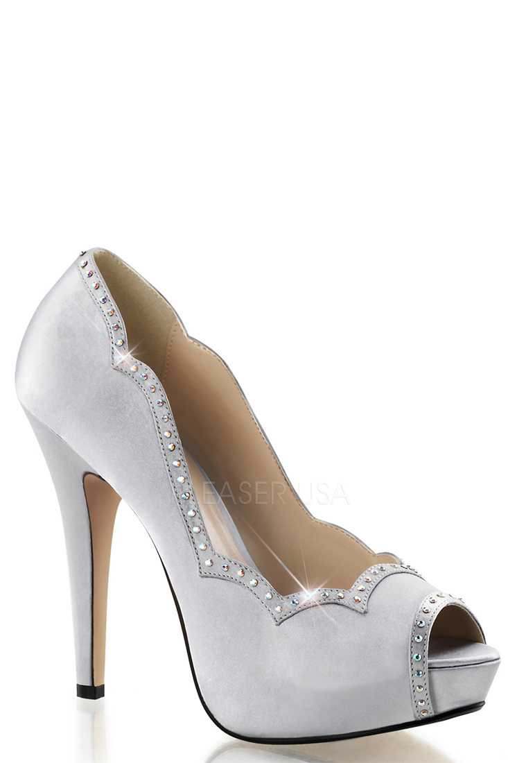 Silver Rhinestone Scalloped Pump High Heels Satin