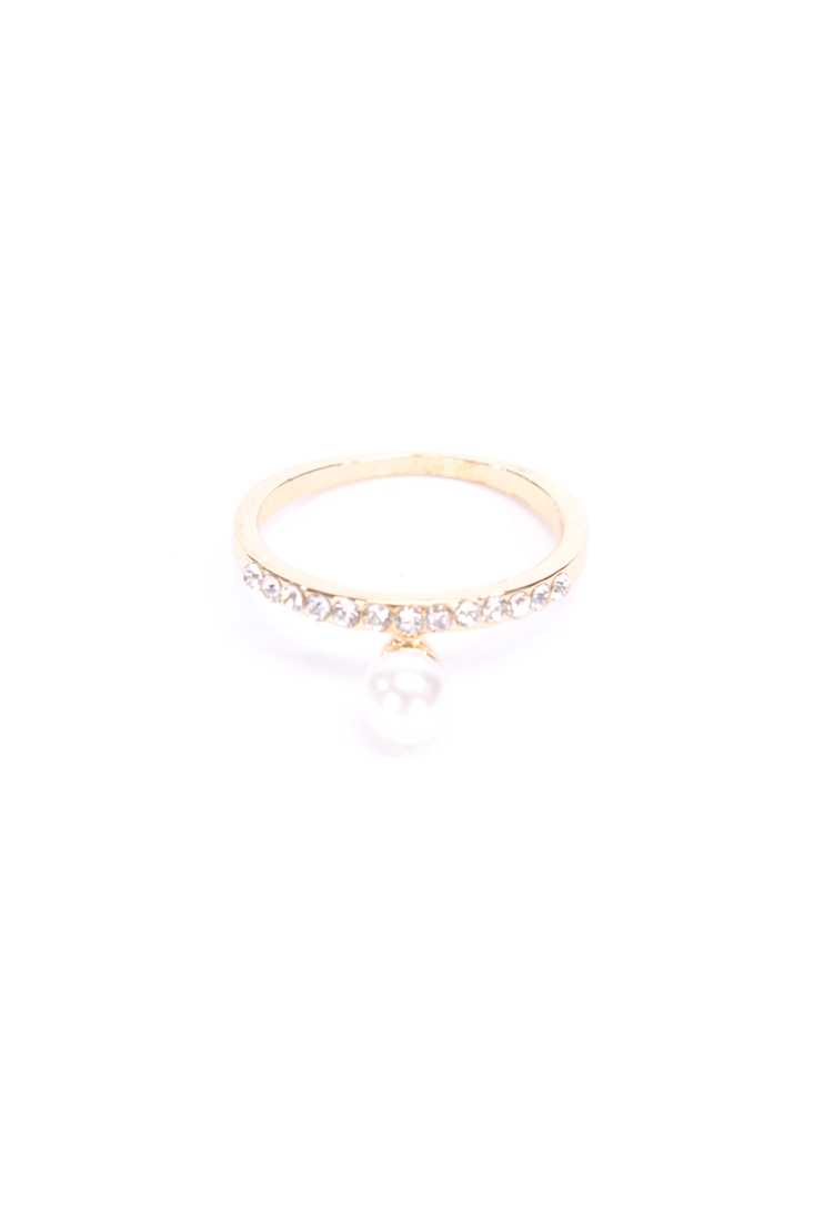 Gold Rhinestone Detail Faux Pearl Accent Thin Band Ring