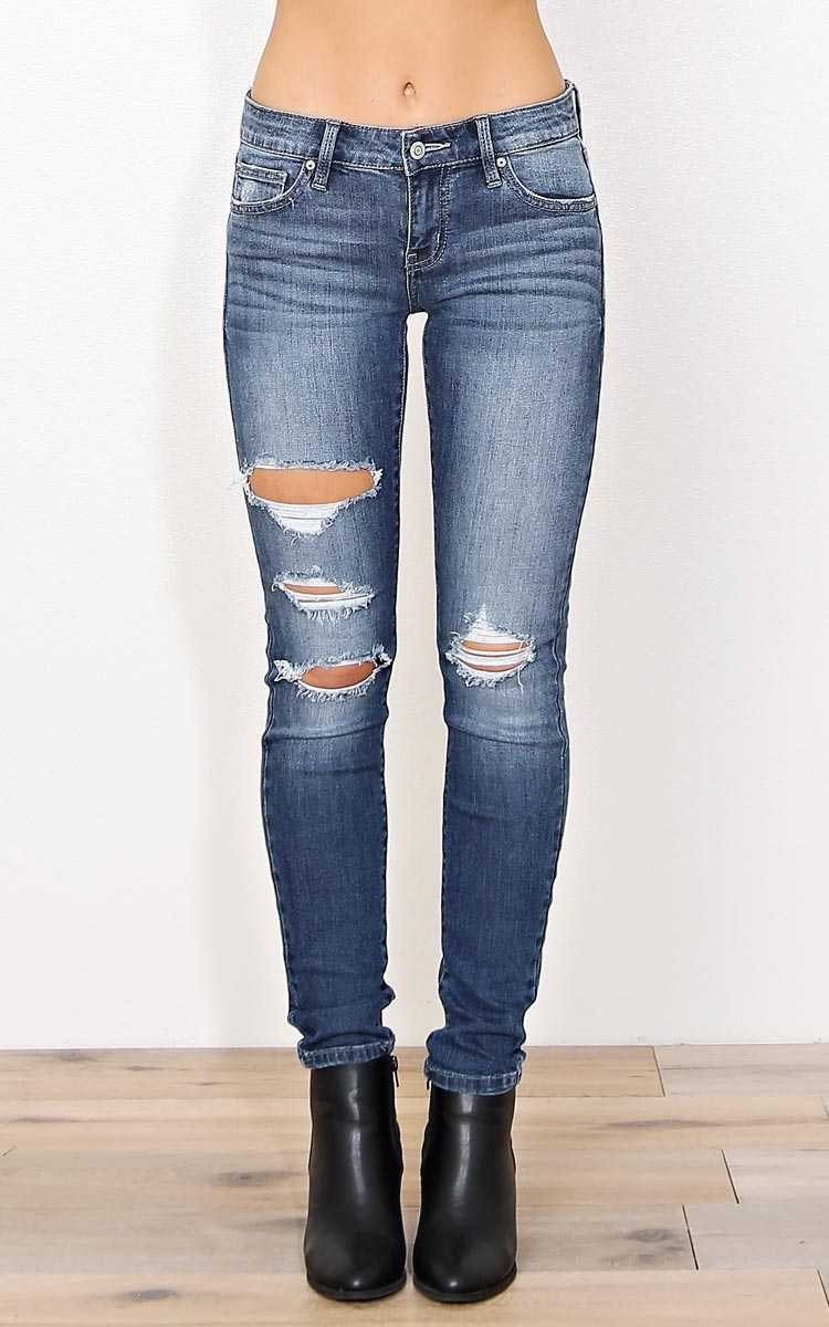 EUNINA Super Skinny Low Rise Jeans - Dk Destroyed in Size by Styles For Less