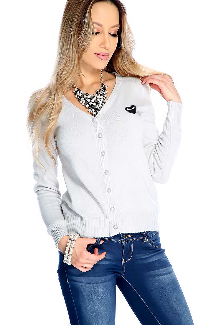 Grey Button Up Heart Patch Cardigan