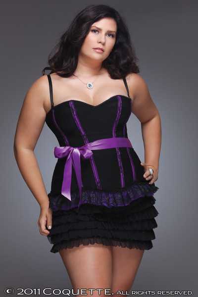 PLUS SIZE BLACK PURPLE RUFFLED LACE FLORAL PRINT INTIMATE CORSET