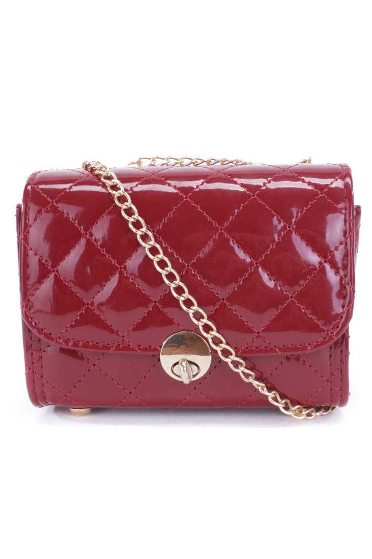 Wine Patent Faux Leather Quilted Mini Handbag