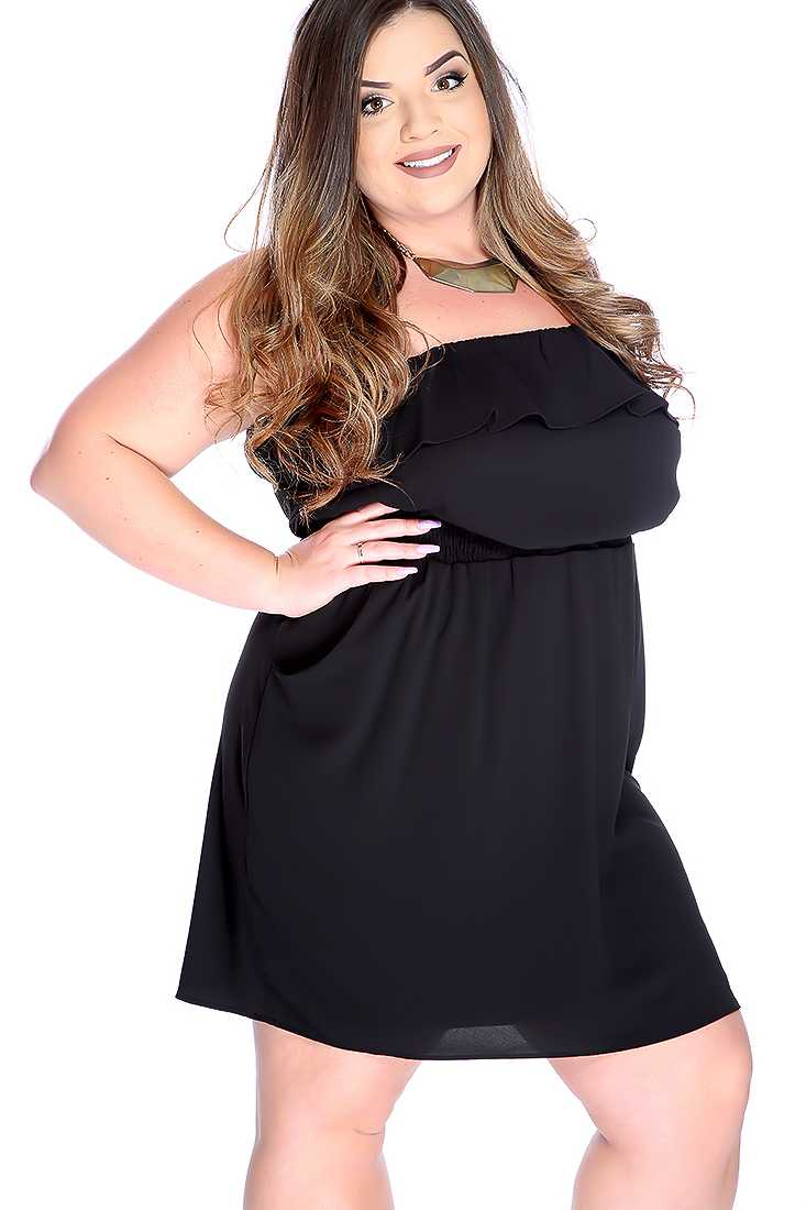 Sexy Black Ruffle Strapless Plus Size Party Dress