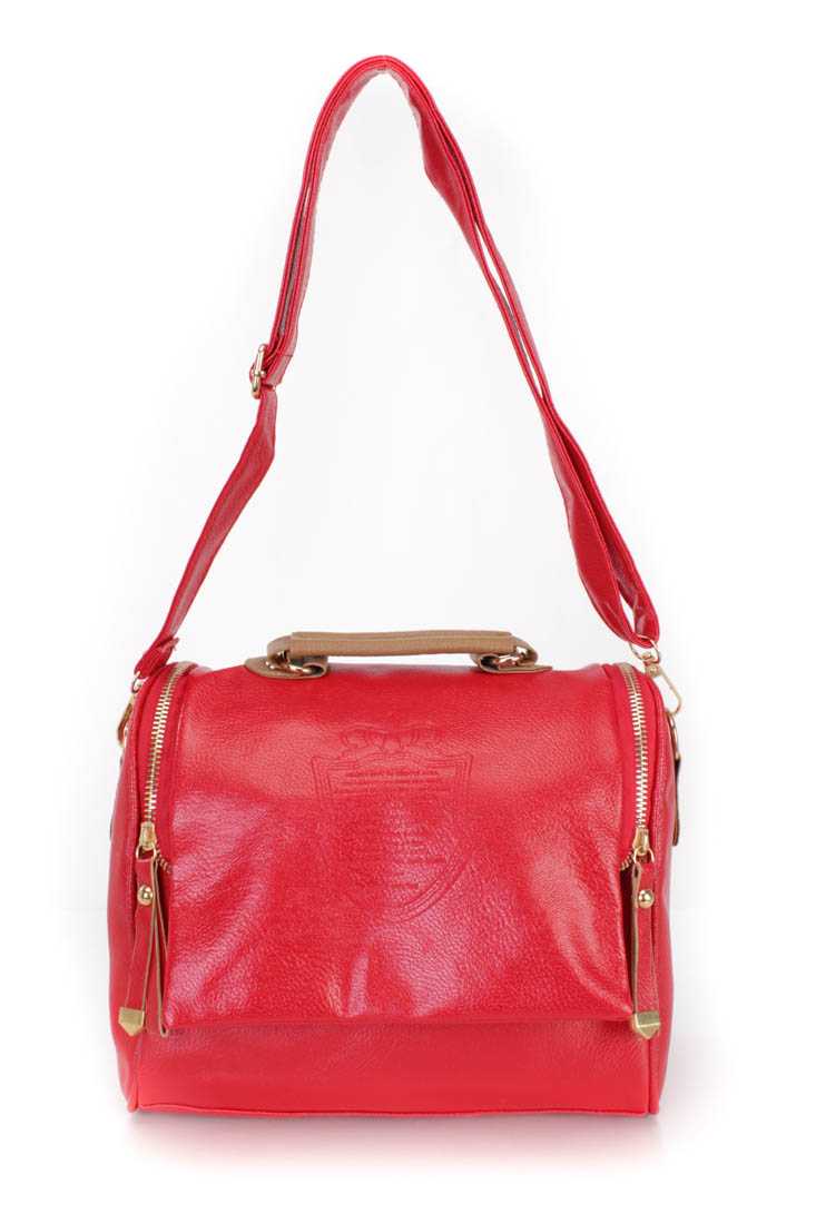Red Faux Leather Embossed Design Handbag