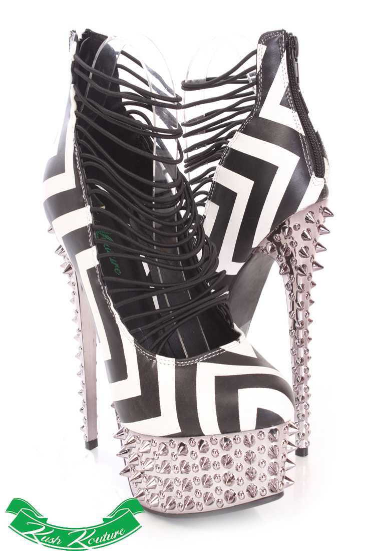 Black White Printed Strappy High Heels Faux Leather