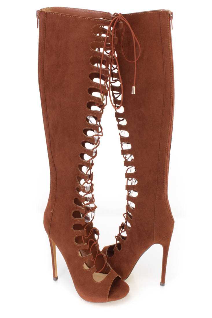Cognac Lace Up Single Sole High Heel Boots Faux Suede