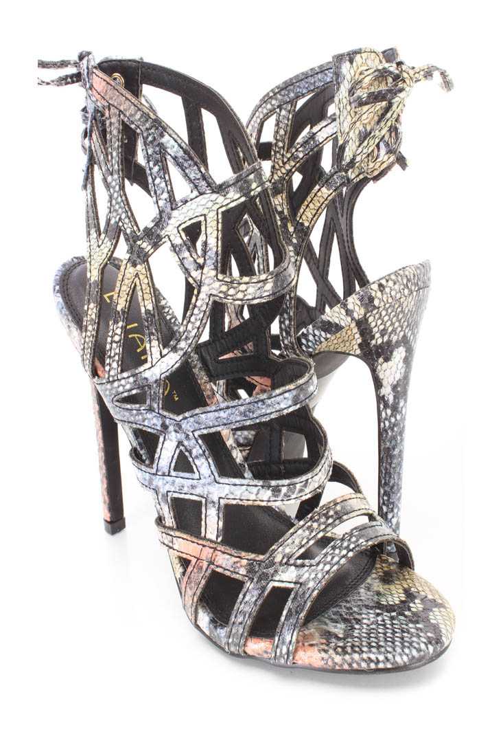 Silver Strappy Single Sole Heels Faux Leather