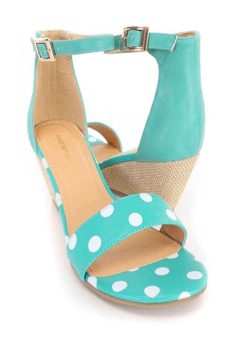 Green Polka Dot Open Toe Wedges Faux Leather