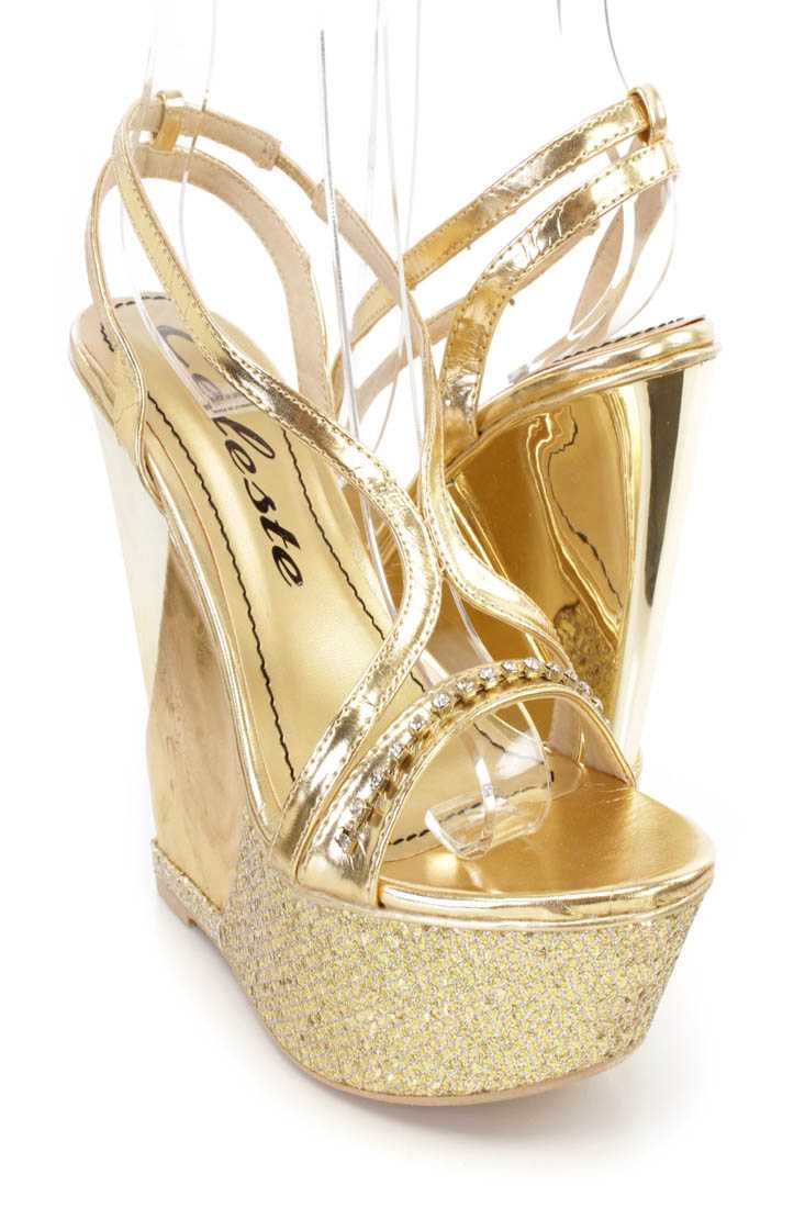 Gold Sequin Rhinestone Embellished Wedges Faux Leather