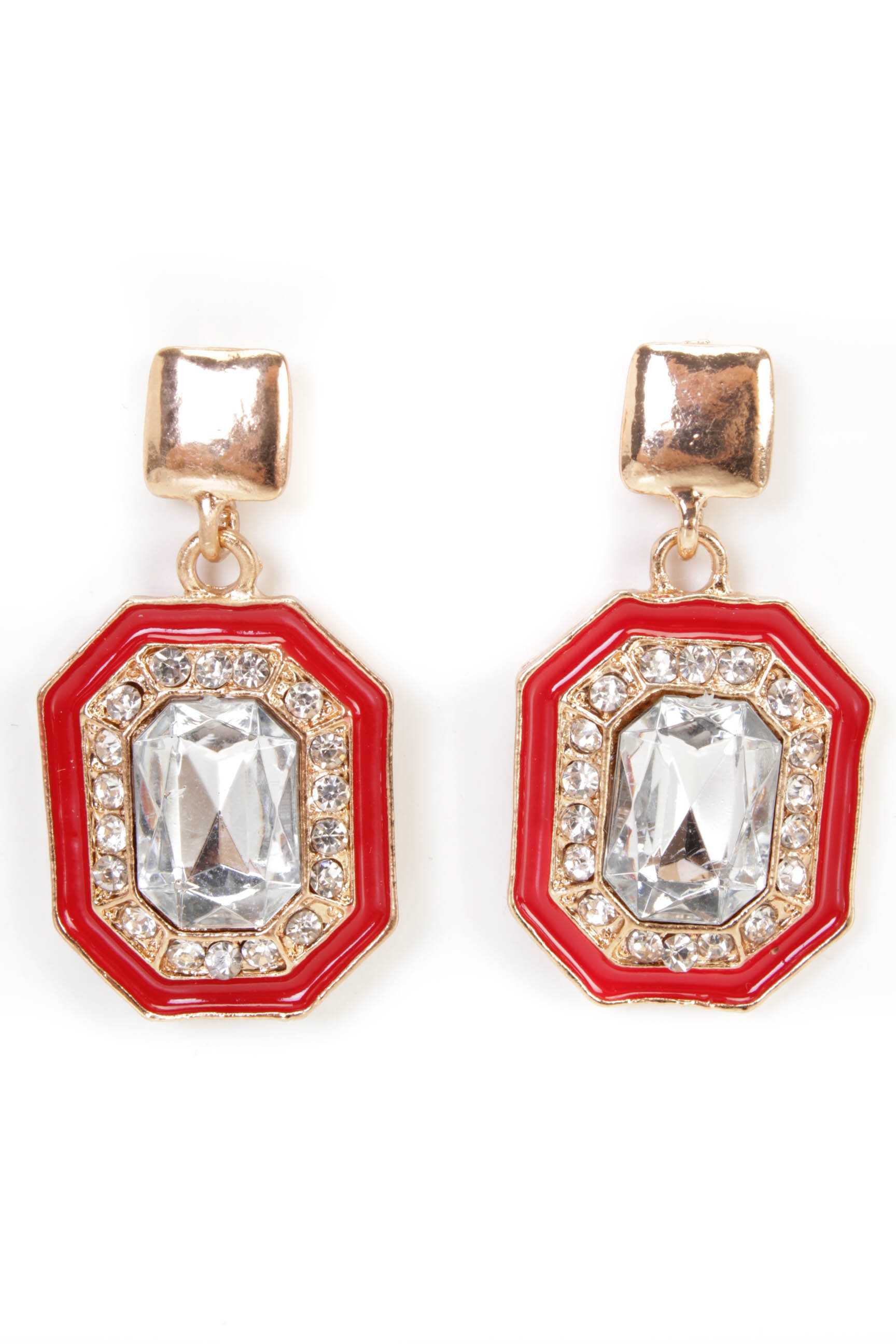 Red Gold Rhinestone Accent Dangle High Polish Metal Earrings