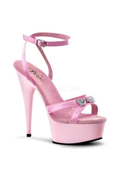 Baby Pink Satin Strappy Rhinestone Bow High Heels