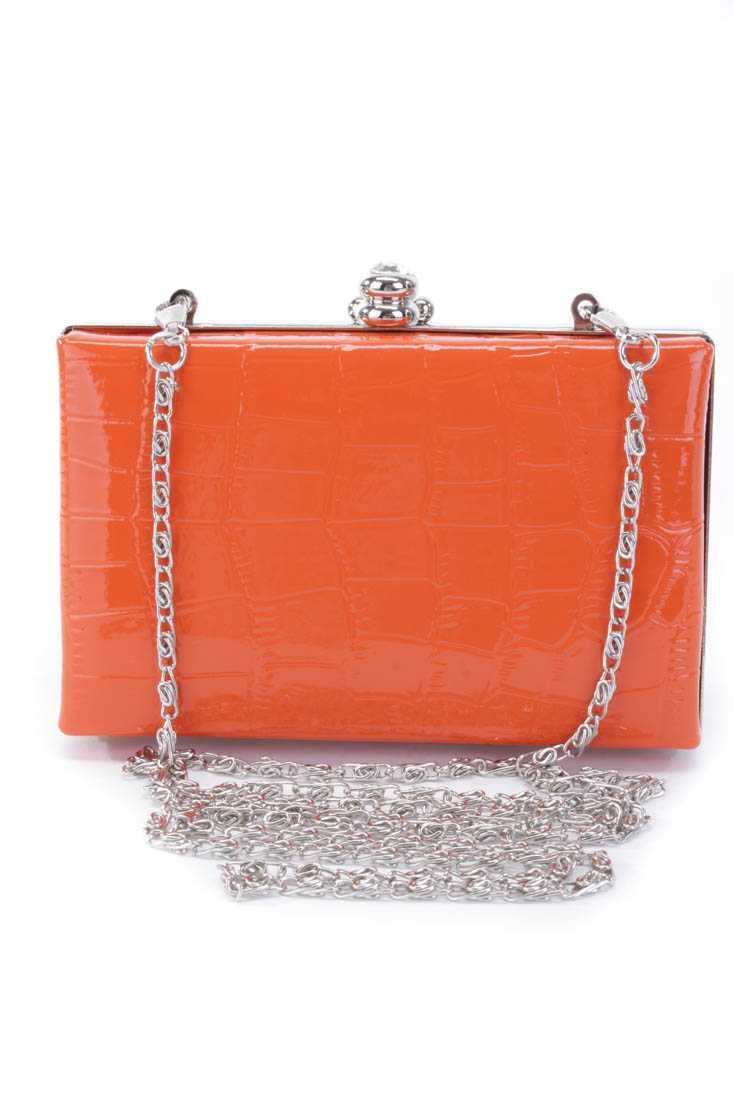 Orange Patent Faux Leather Reptile Textured Mini Clutch