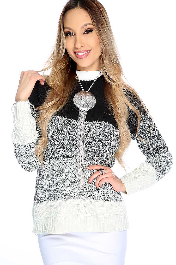 Stylish Black Beige Long Sleeve Mock Neck Two Tone Sweater