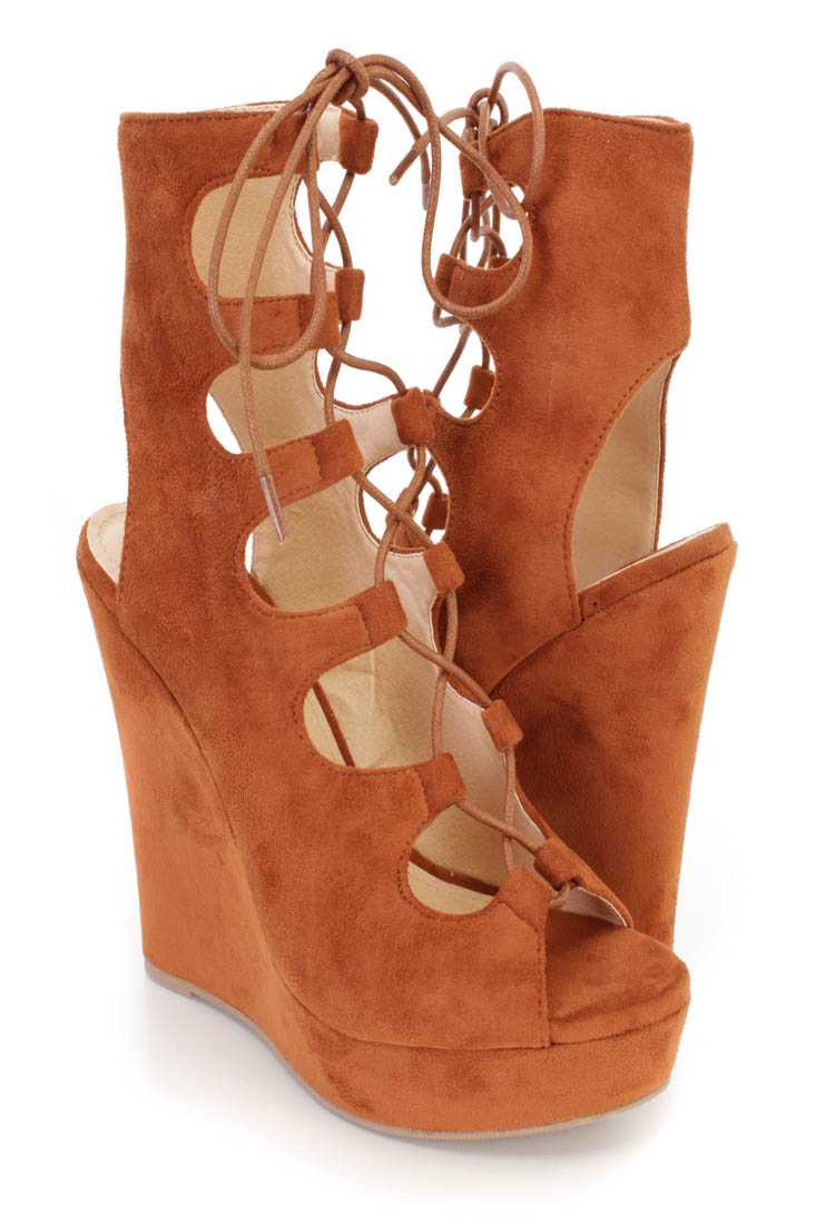 Cognac Lace Up Peep Toe Platform Wedges Faux Suede