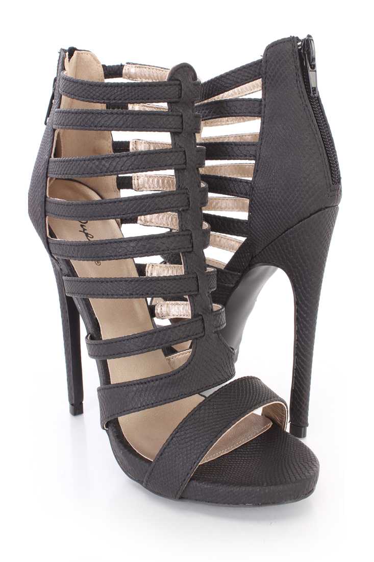 Black Strappy Snake Skin Textured Booties Faux Leather