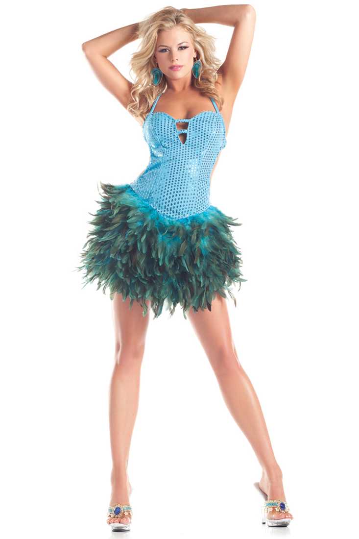 Turquoise Sequin Feather Dress Sexy Costume