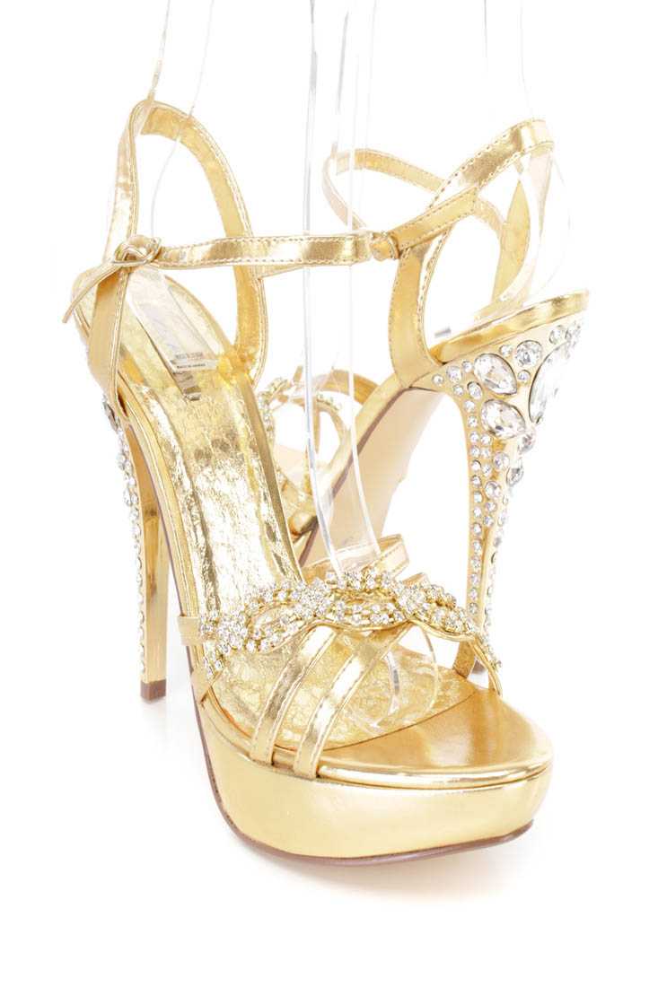 Gold Rhinestone Strappy Platform High Heels Faux Leather
