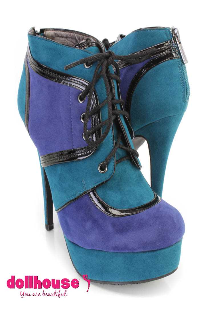 Blue Lace Up Colorblock Ankle Booties Faux Suede