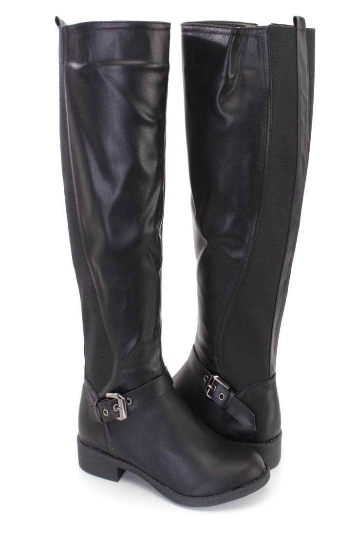 Black Knee High Riding Boots Faux Leather