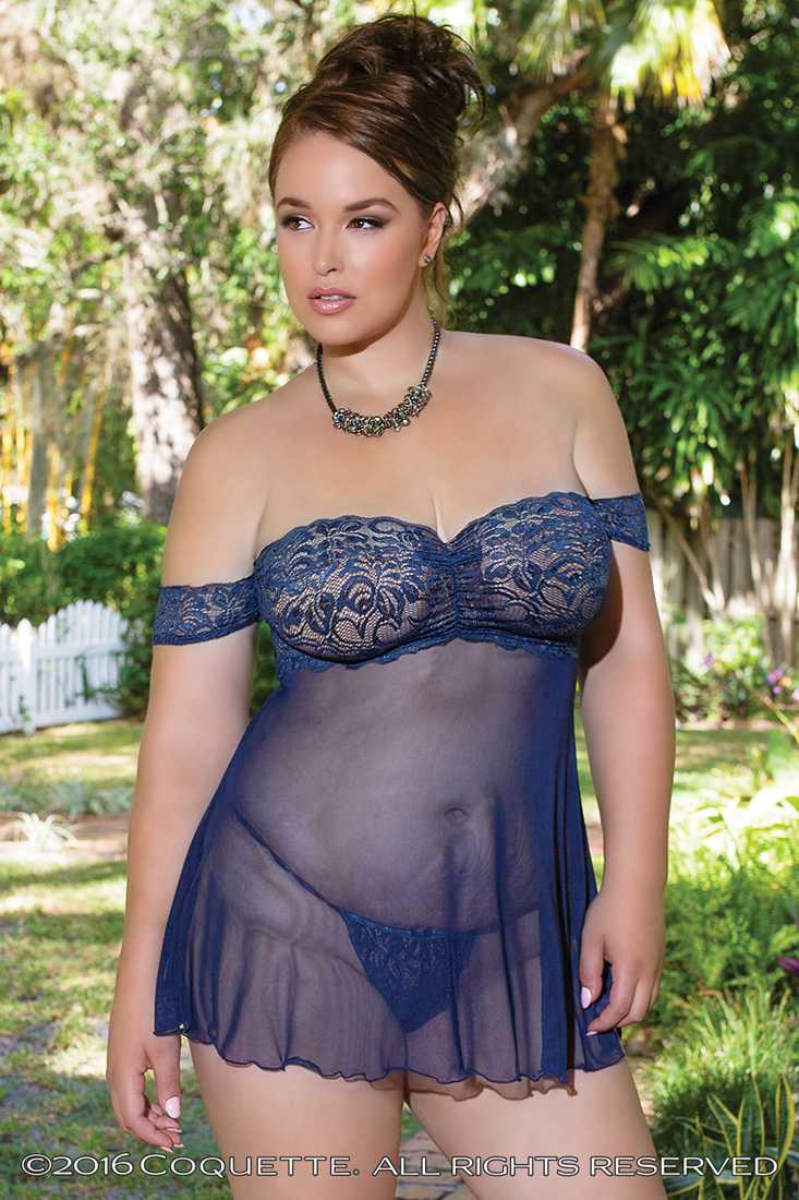 Sexy Navy Scalloped Lace Off The Shoulder Plus Size Babydoll