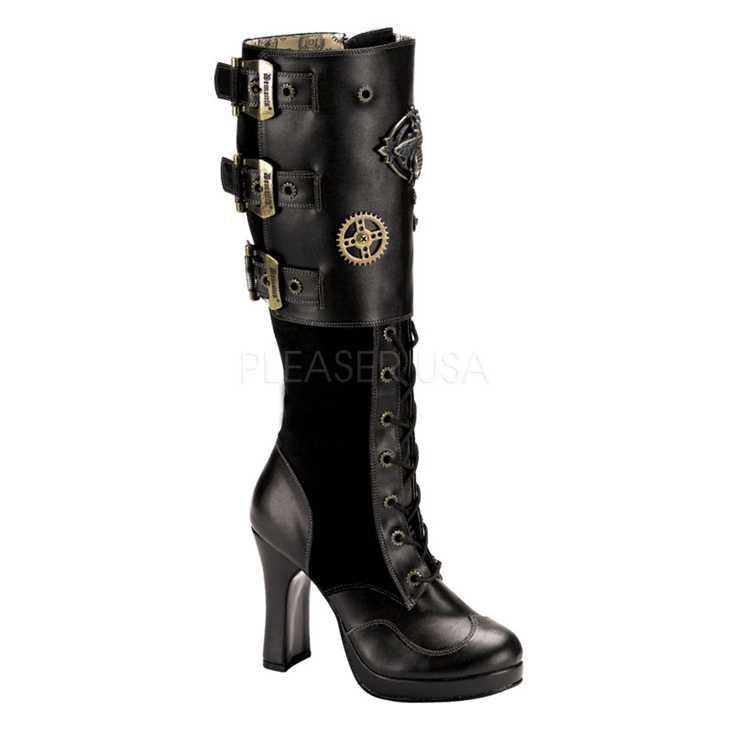 Black Faux Leather Suede Steampunk Boots