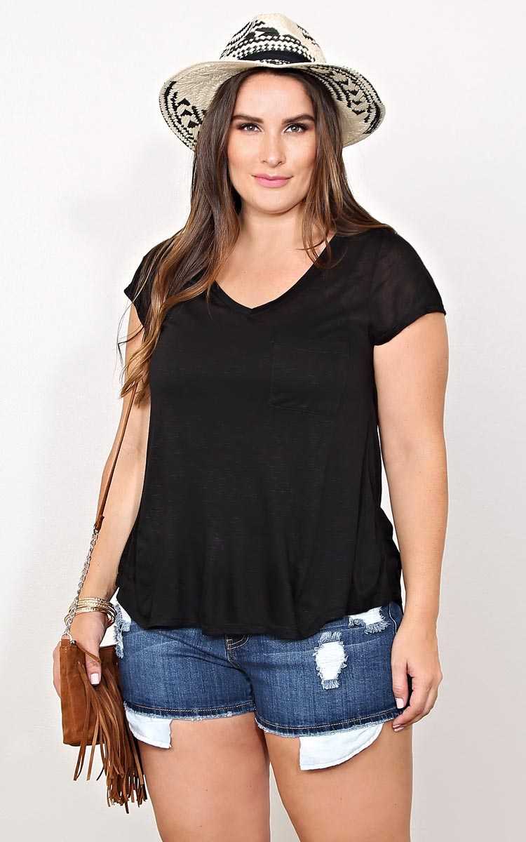 Plus Size Black V Neck Pocket Tee - Black in Size 1X by Styles For Less