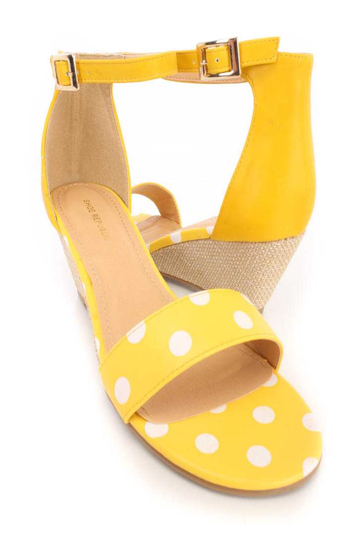 Yellow Polka Dot Open Toe Wedges Faux Leather