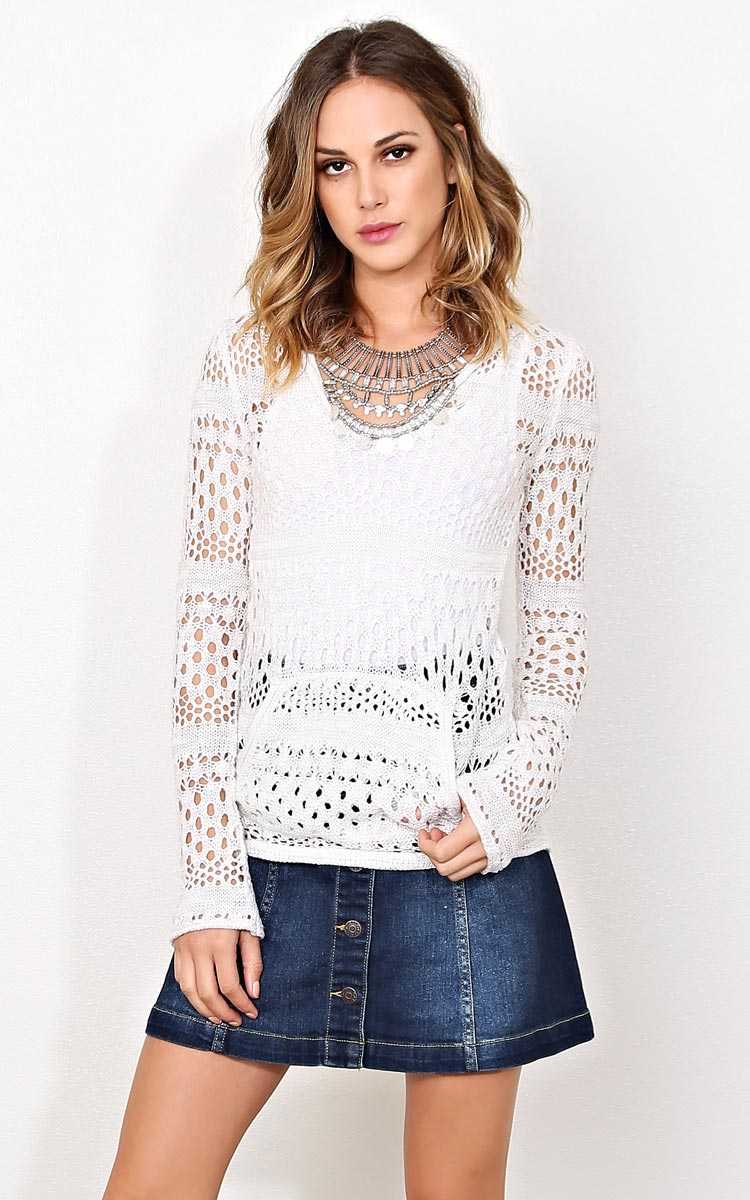 Montana Eyelet Sweater Pullover - LGE - Ivry/Natrl in Size Large by Styles For Less