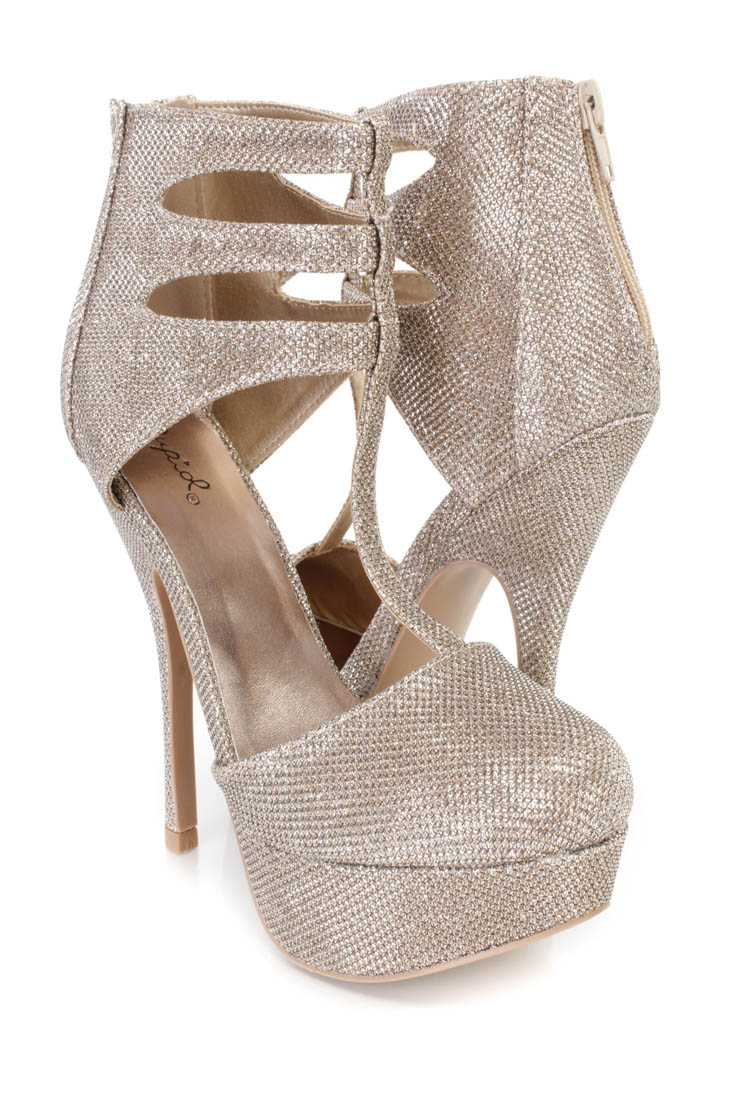 Champagne T Strap Platform High Heels Glitter