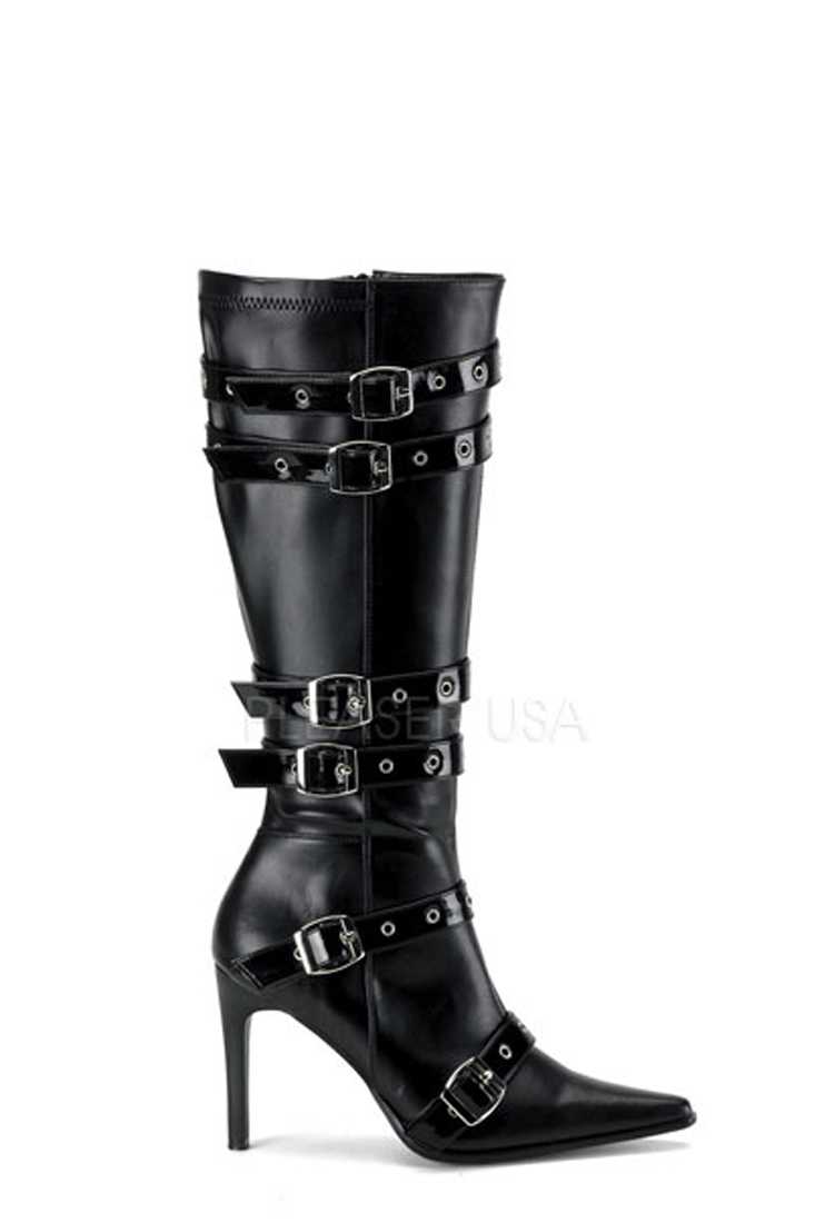 Black Grommet Buckled Strappy Boots Faux Leather