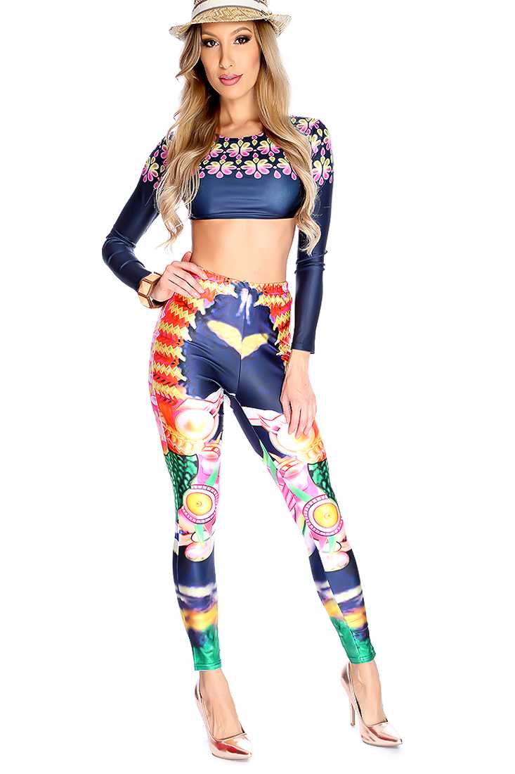 Navy Green Floral Print Cropped High Waist 2 Piece Outfit