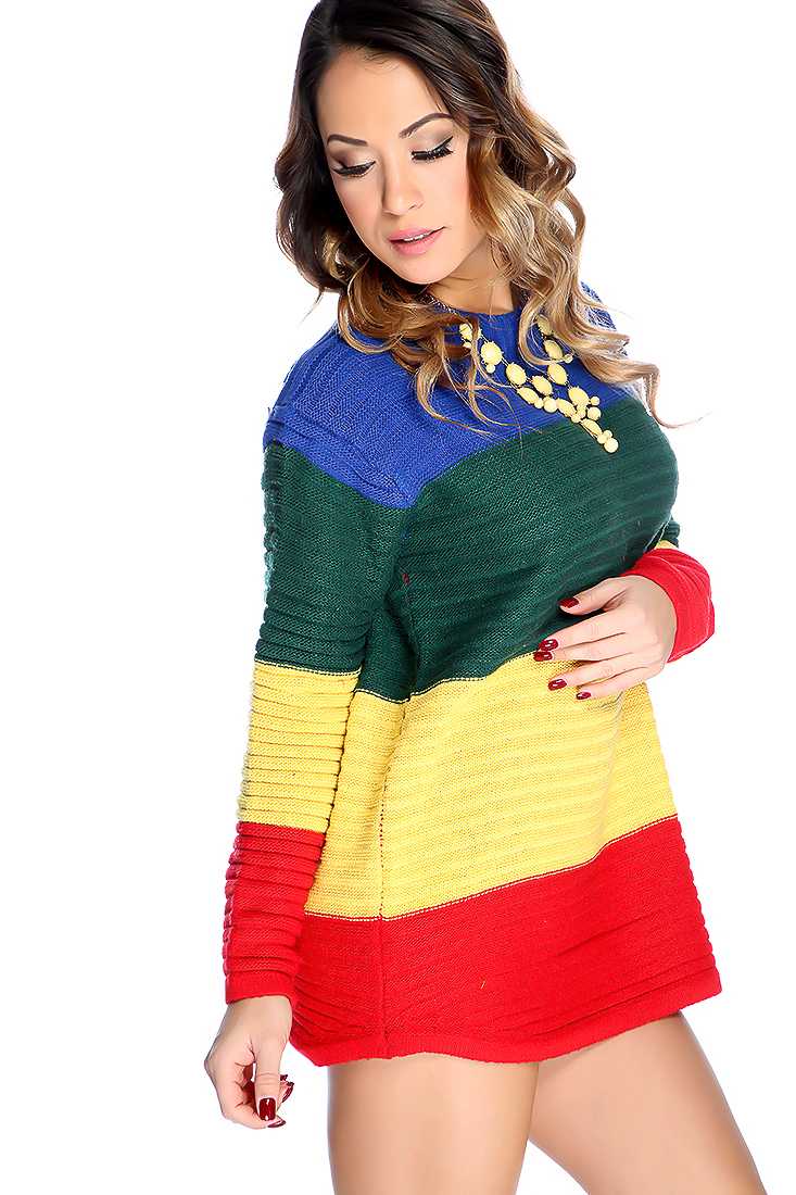 Blue Yellow Long Sleeve Color Block Oversized Sweater