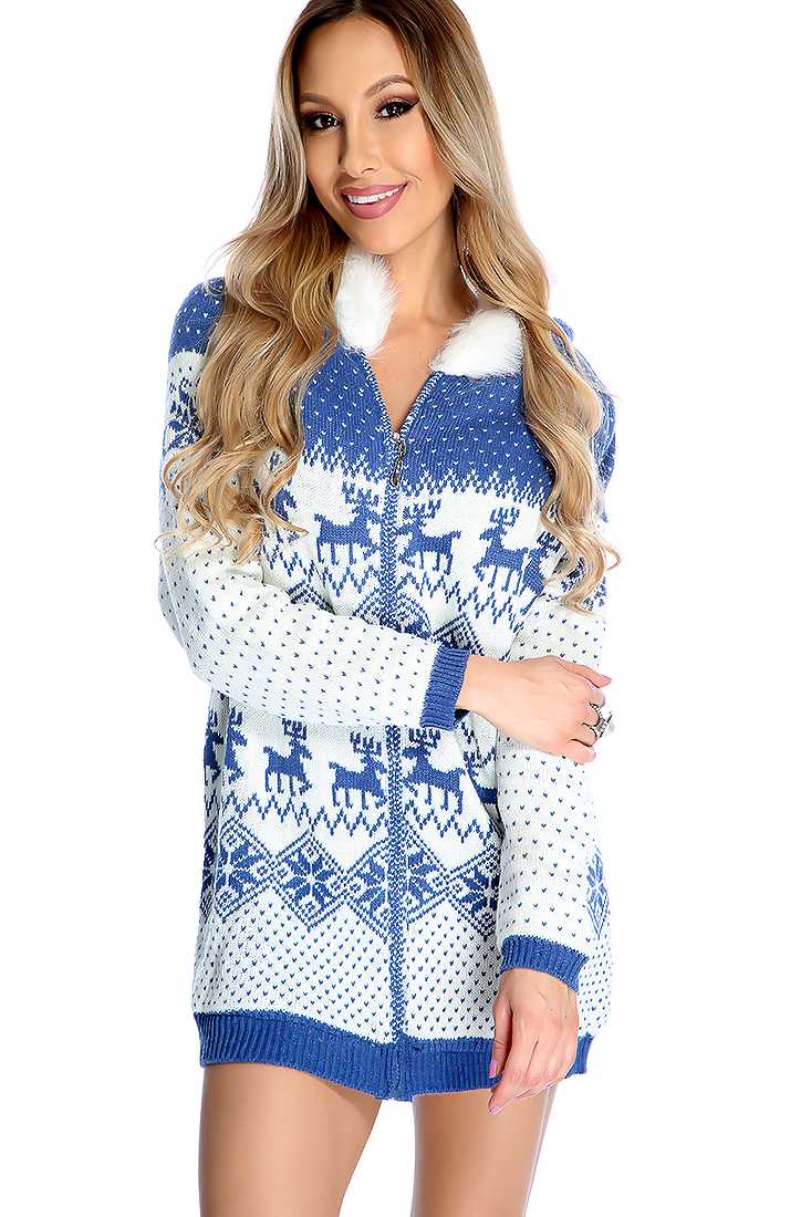 Blue White Fair Aisle Zip Up Faux Fur Hooded Sweater