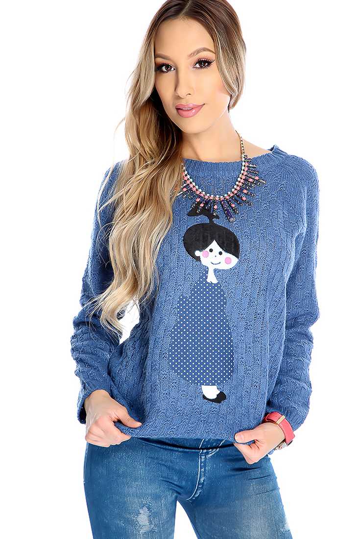 Blue Knitted Girl Patch Long Sleeve Sweater Top