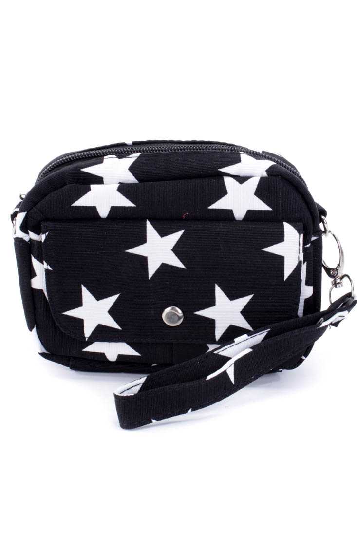 Black Strap Print Canvas Mini Cross Body Handbag